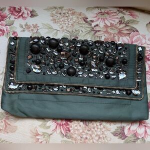 J. Crew 💎 jeweled green 💚 clutch with bronze satin interior